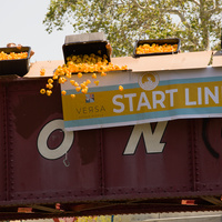 Buckets of rubber ducks are released over the side of the bridge. there are cardboard panels in place to try to ensure they reach the water.