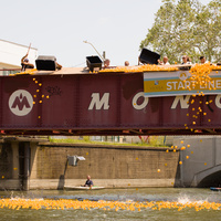 A rain of ducks pours over the side of the bridge