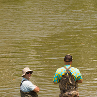 Race officials stand in the canal in waders, watching the lone breakaway duck approach the finish line.
